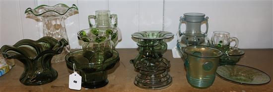 Collection of Art Nouveau and other blue and green-coloured decorative glassware